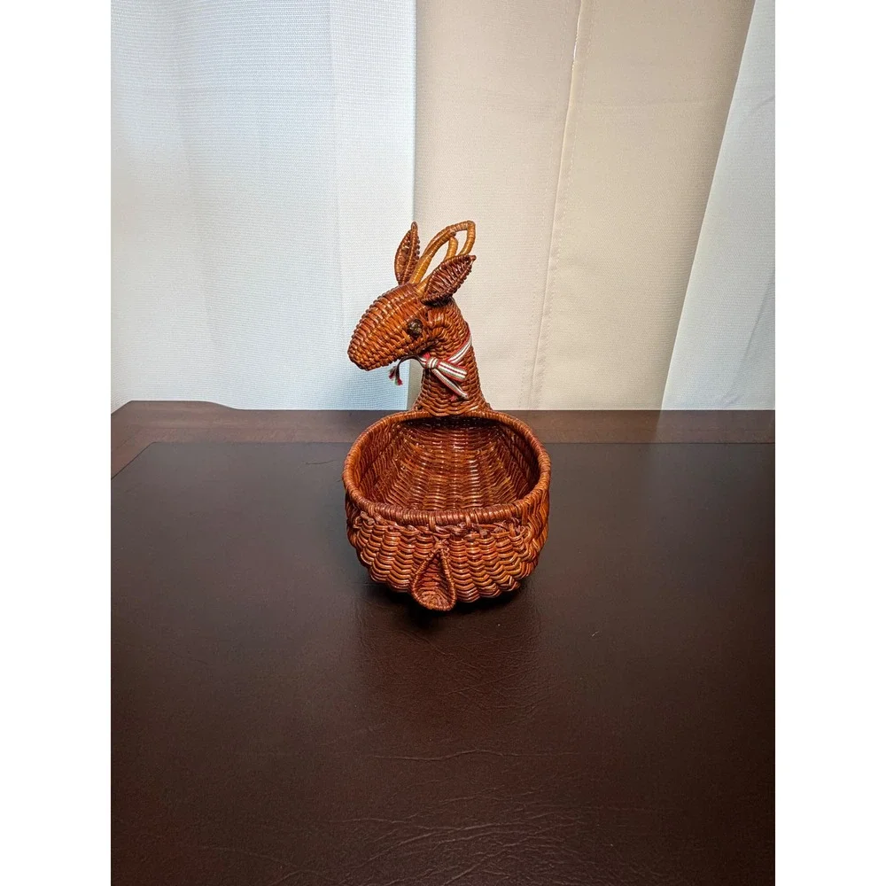 Vintage Wicker Reindeer Basket Christmas Deer Candy Dish Rattan Holiday Decor